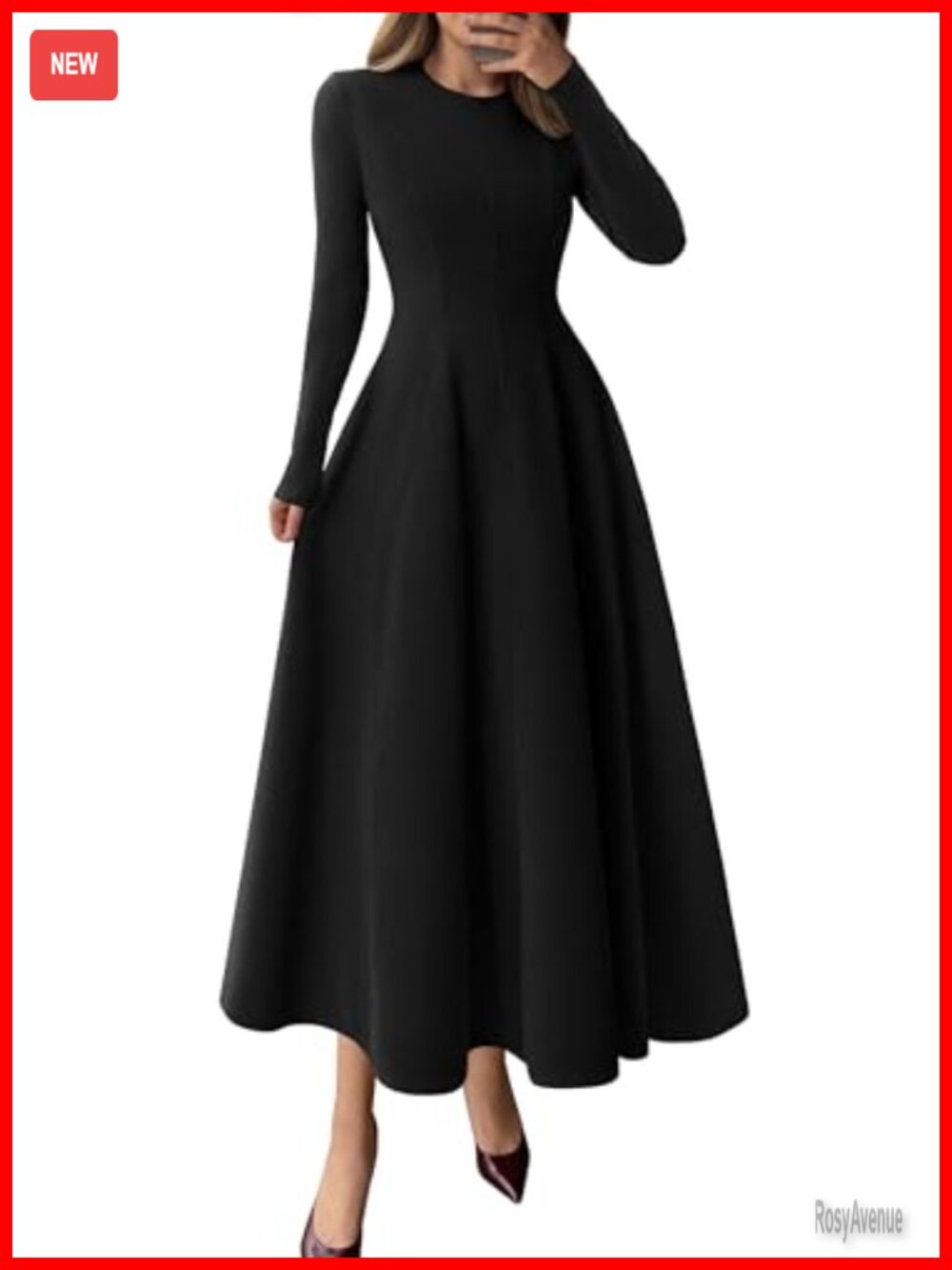 Women's Long Sleeve A-Line Midi Cocktail Dress Fit & Flare Ruffle